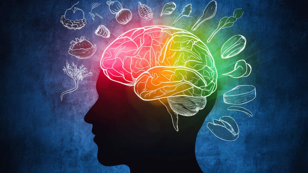  Brain Surrounded By Nourishing Food Diet Affects Mental Health